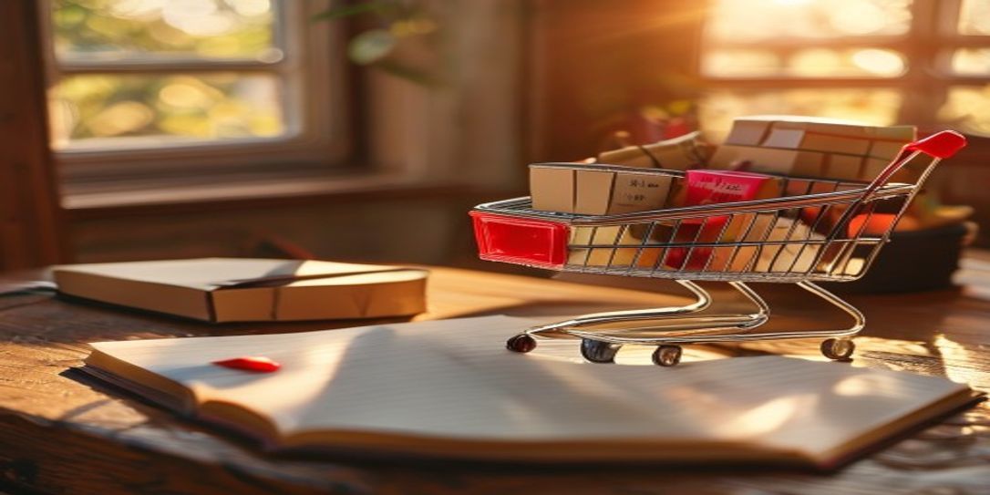 A small shopping cart with parcels next to a laptop on a wooden desk, with an open notebook and a red pen